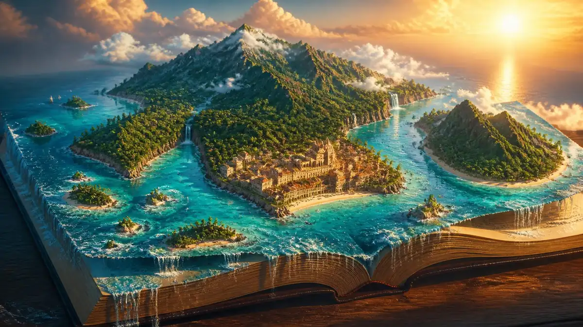 Caribbean islands rising out of an open book at sunset, with Santo Domingo on the coast and Puerto Rico to the east